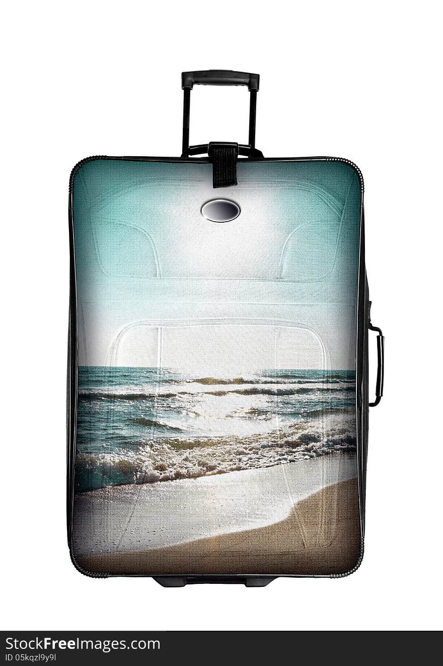 Suitcase wit beach photo isolated over white background. Suitcase wit beach photo isolated over white background