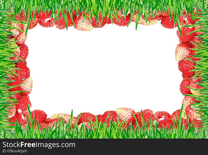 Frame of strawberries and grass on a white background.