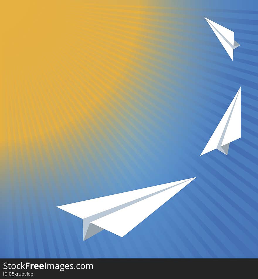 Vector illustration of the paper plane on the cloudy sky