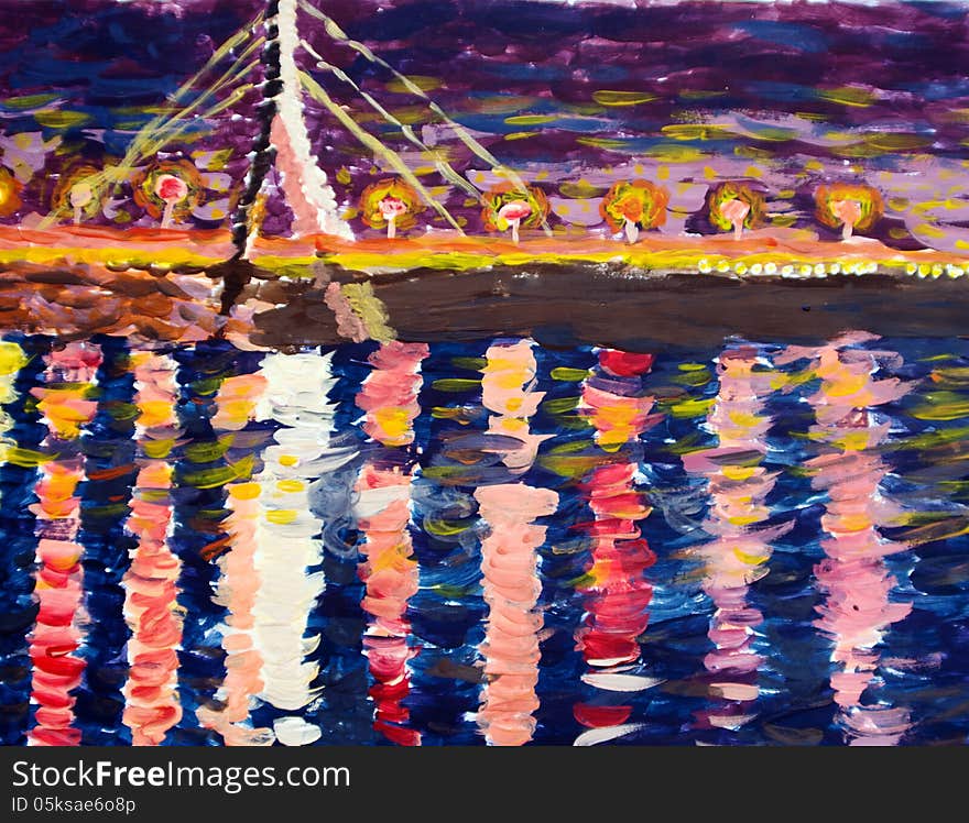 Drawing in impressionists manner - bridge and a river in the nig