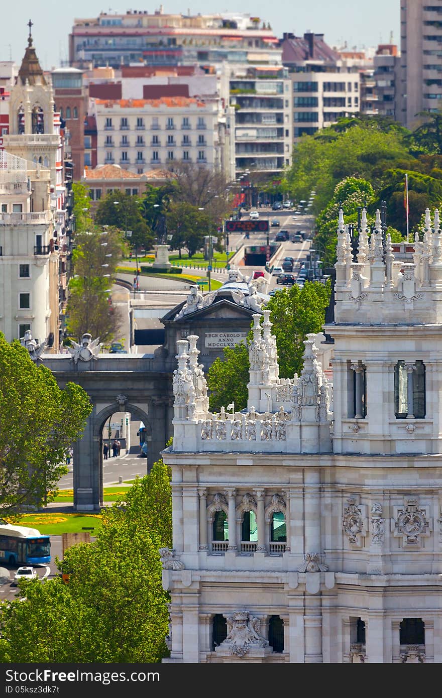 Aerial view of Madrid  / Famous Alcala Gate, builldings and stre