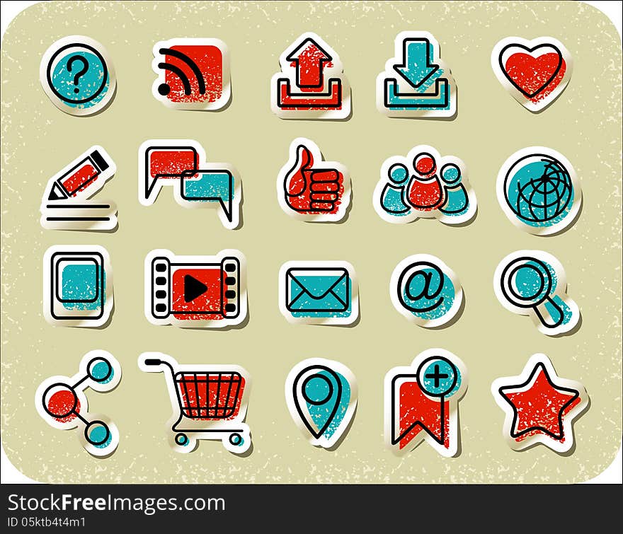 Set of 20 Internet communication stickers in retro and grunge style