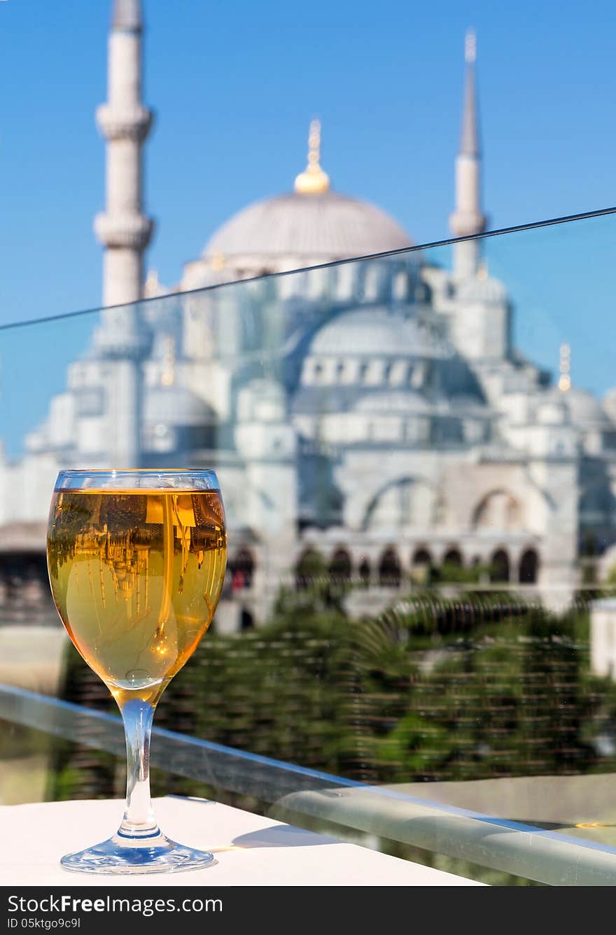 View of the Blue Mosque from the restaurant, Istanbul, Turkey