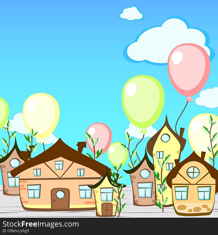 Cartoon greeting card with fairy-tale town and balloons. Cartoon greeting card with fairy-tale town and balloons