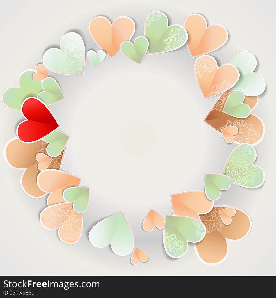 Valentine pastel card with ornate paper hearts. Valentine pastel card with ornate paper hearts