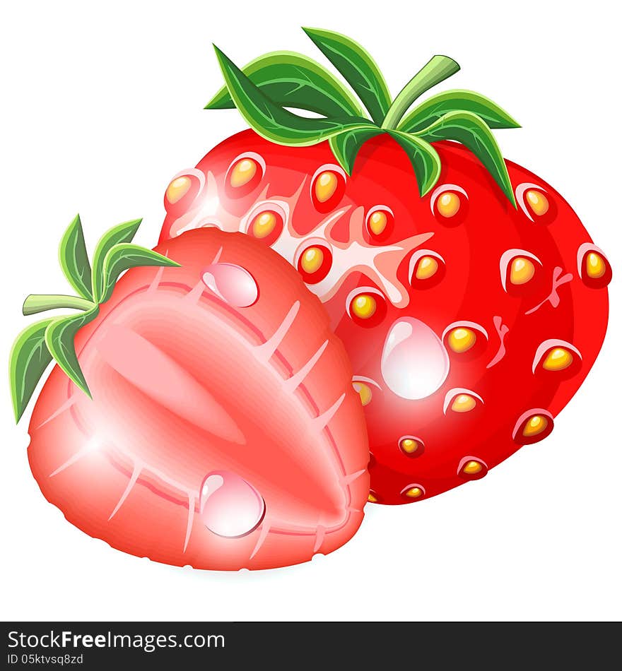 Two fresh red strawberries with drops of dew or juice