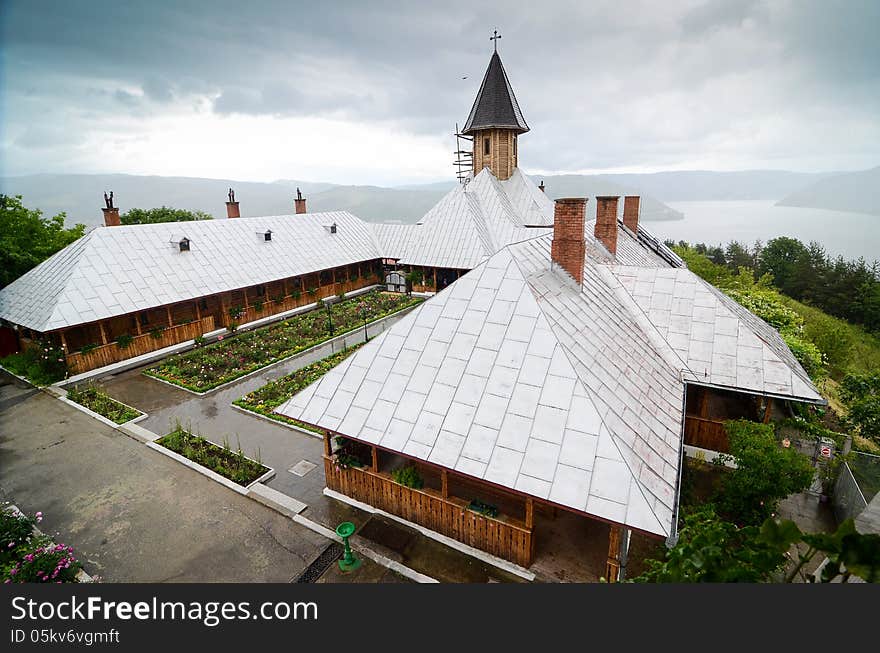 Topview of St. Ana Monastery, in Orsova, Romania, on a rainy day. Topview of St. Ana Monastery, in Orsova, Romania, on a rainy day