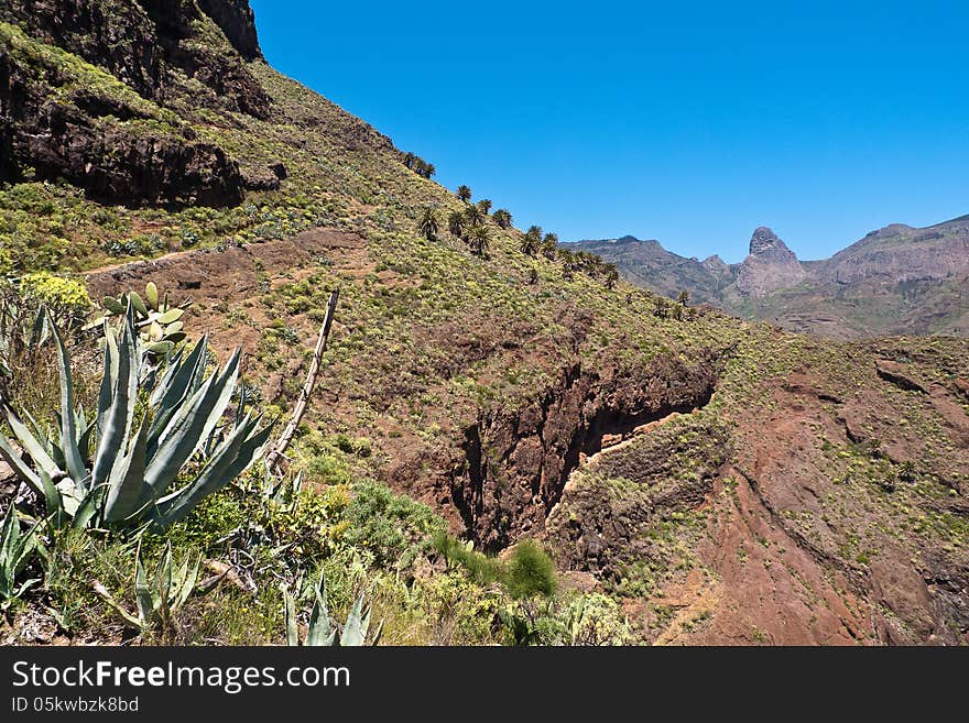 Island of La Gomera, Palm Valley, with view of famous mountain of Roque de Agando, and the Barranco de Guarimiar