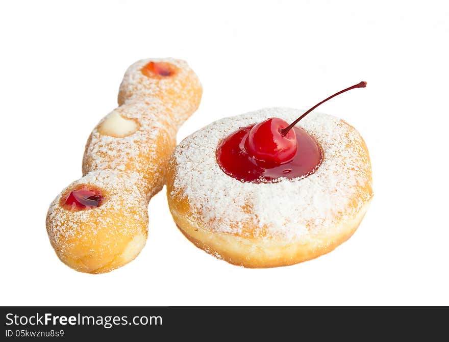 Bakery food, cherry fruit donut on white background