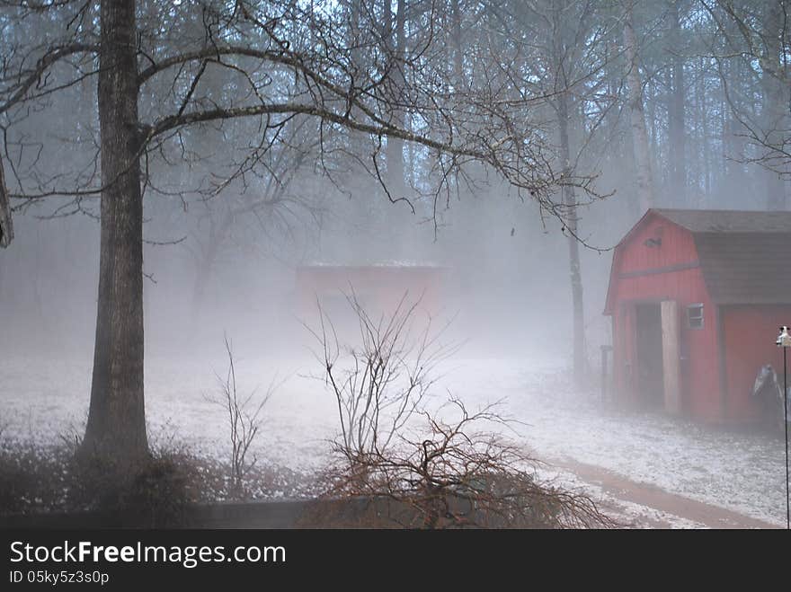 A foggy haze that came up from the ground after a destructive summer hail storm. A foggy haze that came up from the ground after a destructive summer hail storm