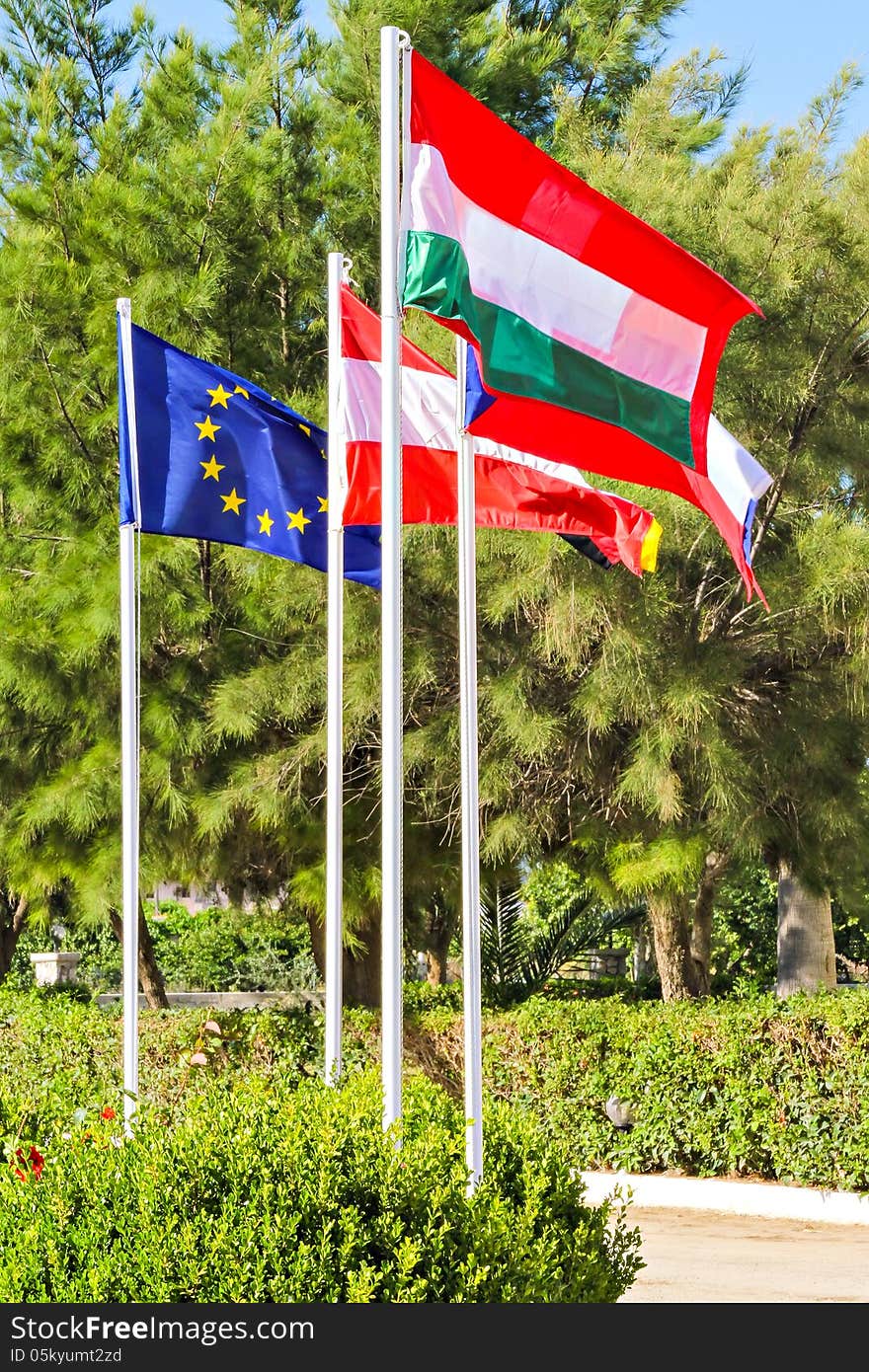 Flags of European Union countries (EU, Austria, the Czech Republic, Hungary). Flags of European Union countries (EU, Austria, the Czech Republic, Hungary)