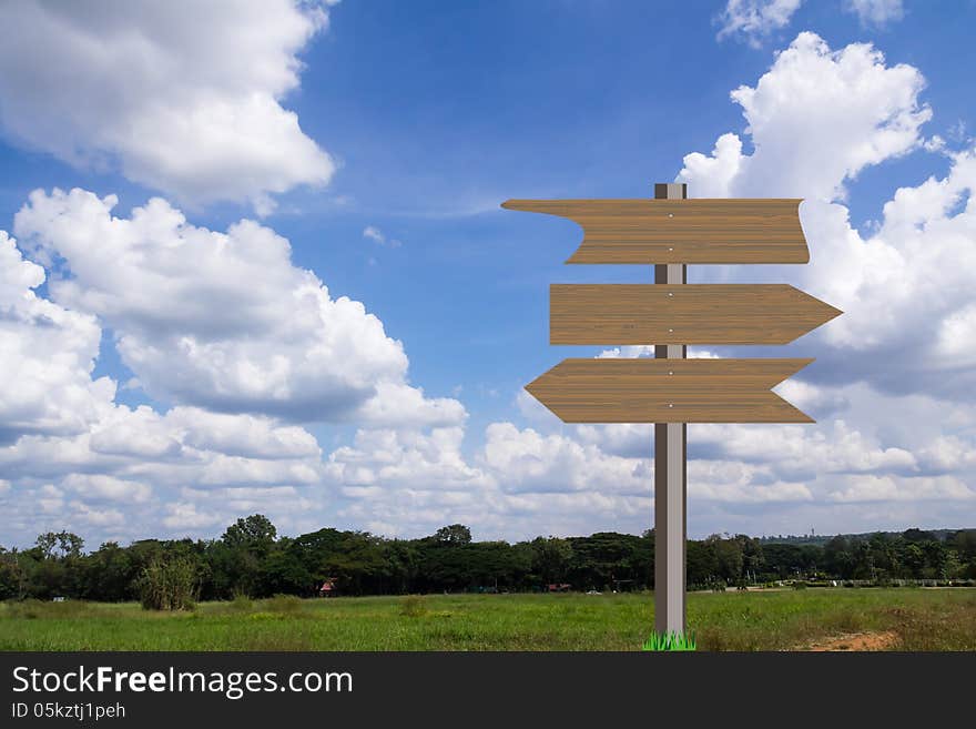 Blank wooden sign in green grass field over blue sky background