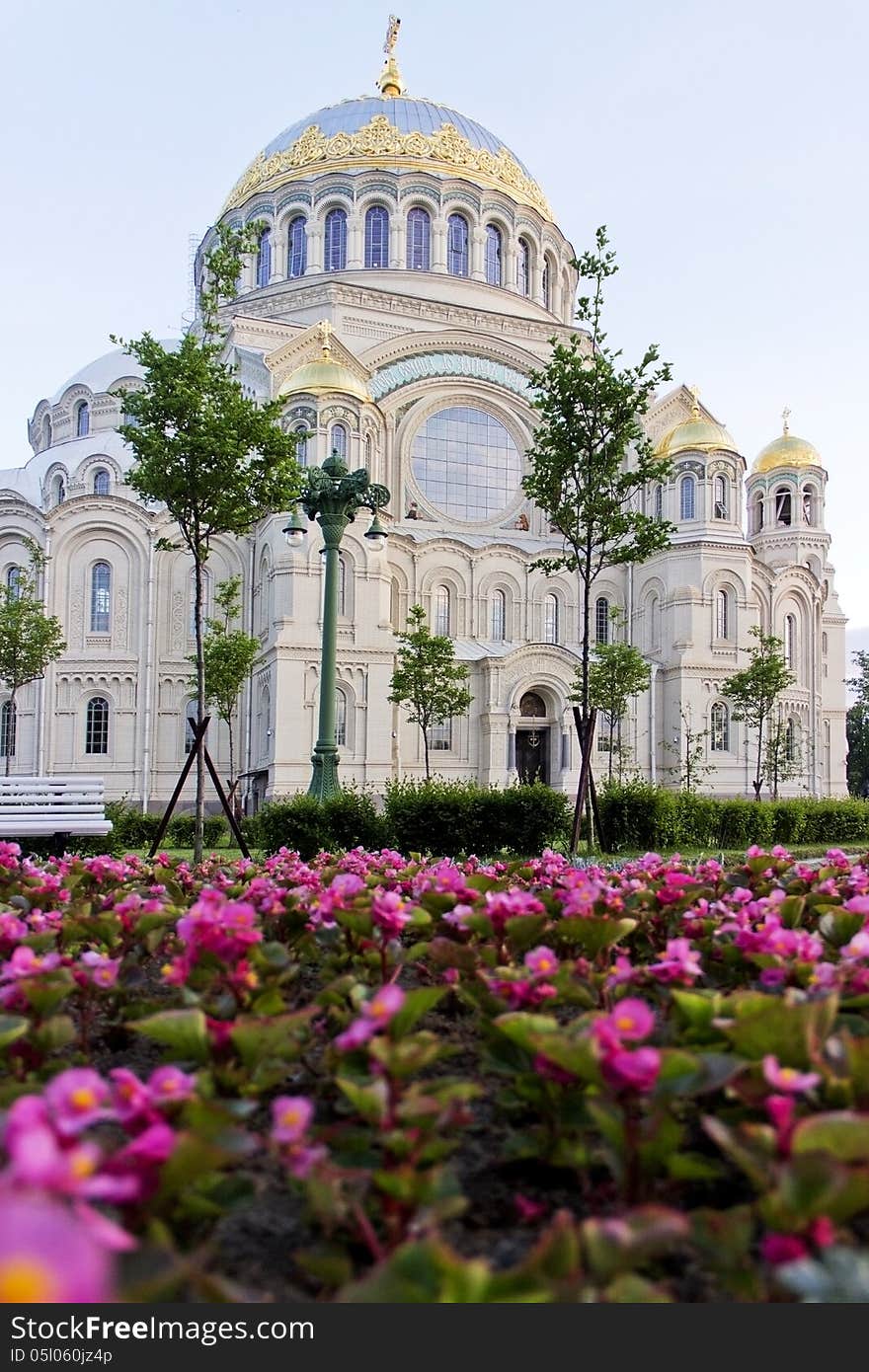 The naval Cathedral in Kronstadt Russia. View of the Cathedral square.