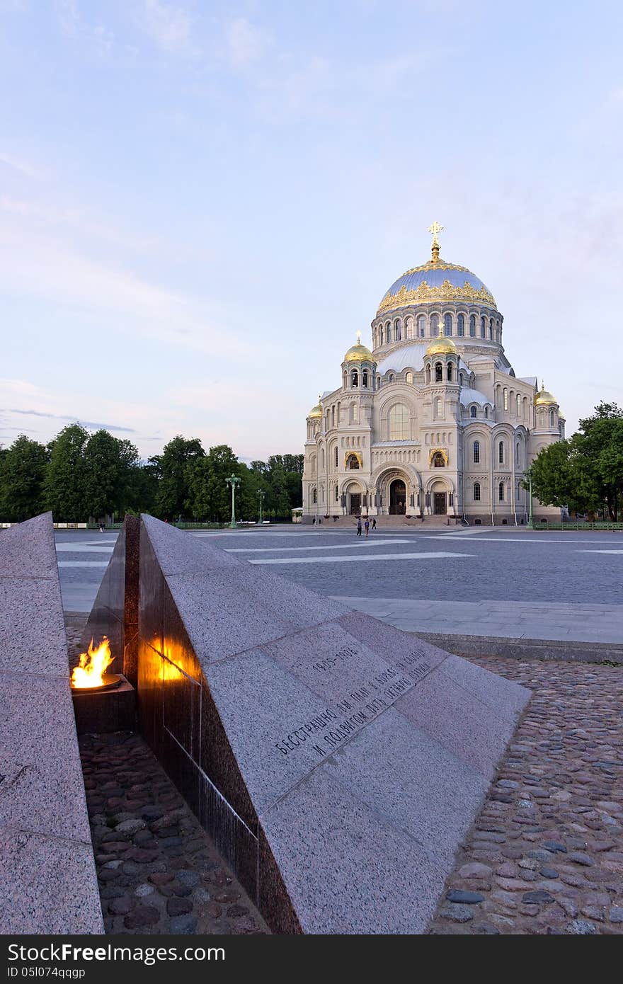 The naval Cathedral in Kronstadt Russia. View of the Cathedral square.