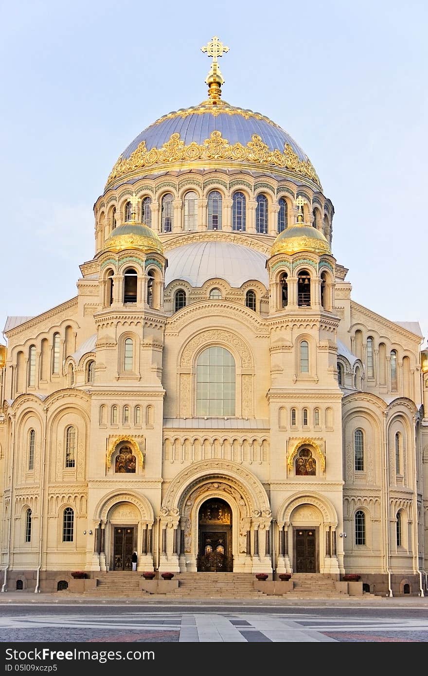 The naval Cathedral in Kronstadt Russia. View of the Cathedral square.