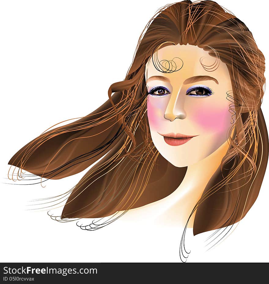 Drawing head of the woman with long flowing brown hair pulled rear, charming smile and deep black languid eyes. Drawing head of the woman with long flowing brown hair pulled rear, charming smile and deep black languid eyes