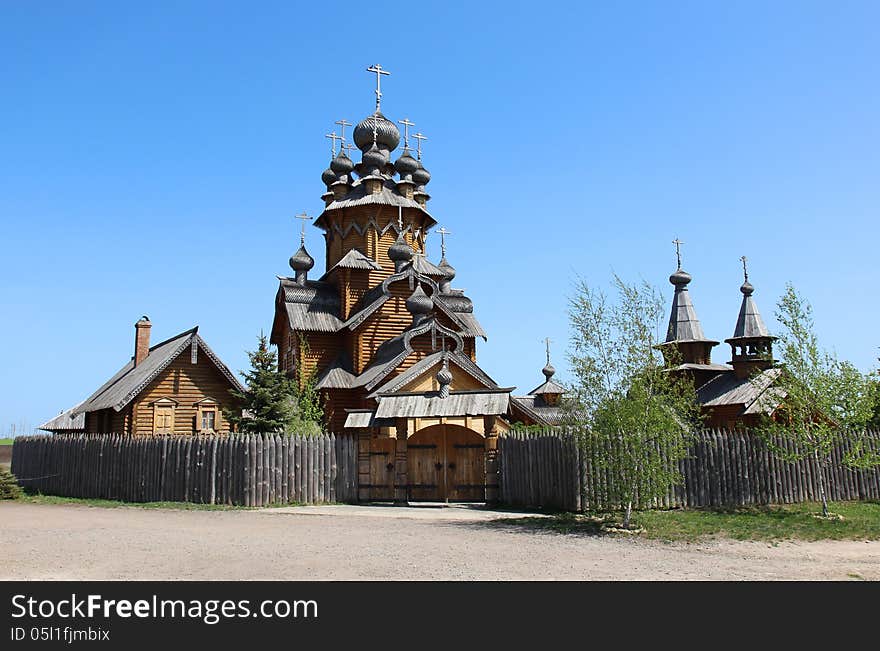 Skeet All Saints wooden church in Russian village. Skeet All Saints wooden church in Russian village