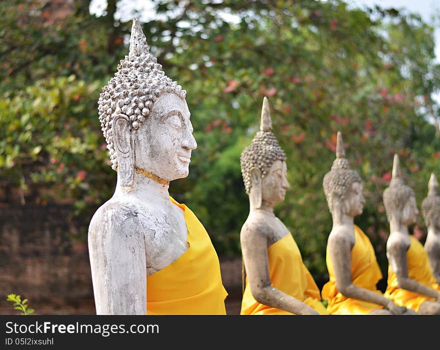 Ancient Buddha Statues At Wat Yai Chai Mongkol, Ayutthaya, Thail