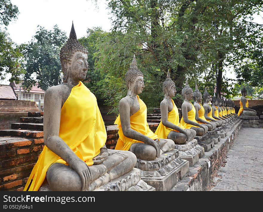 Ancient Buddha statues at Wat Yai Chai Mongkol, Ayutthaya, Thail