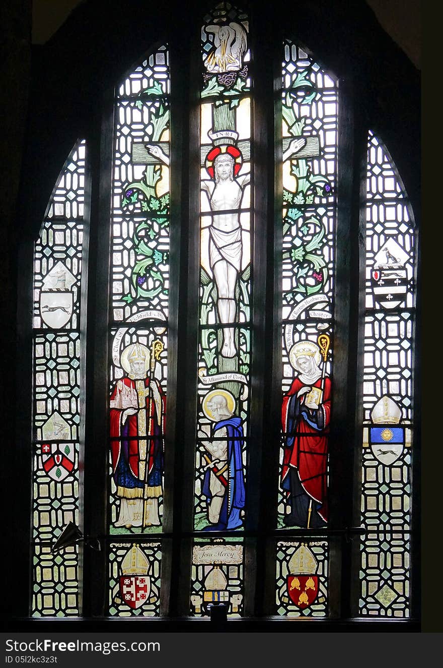 Stained glass in a chapel in England. Stained glass in a chapel in England