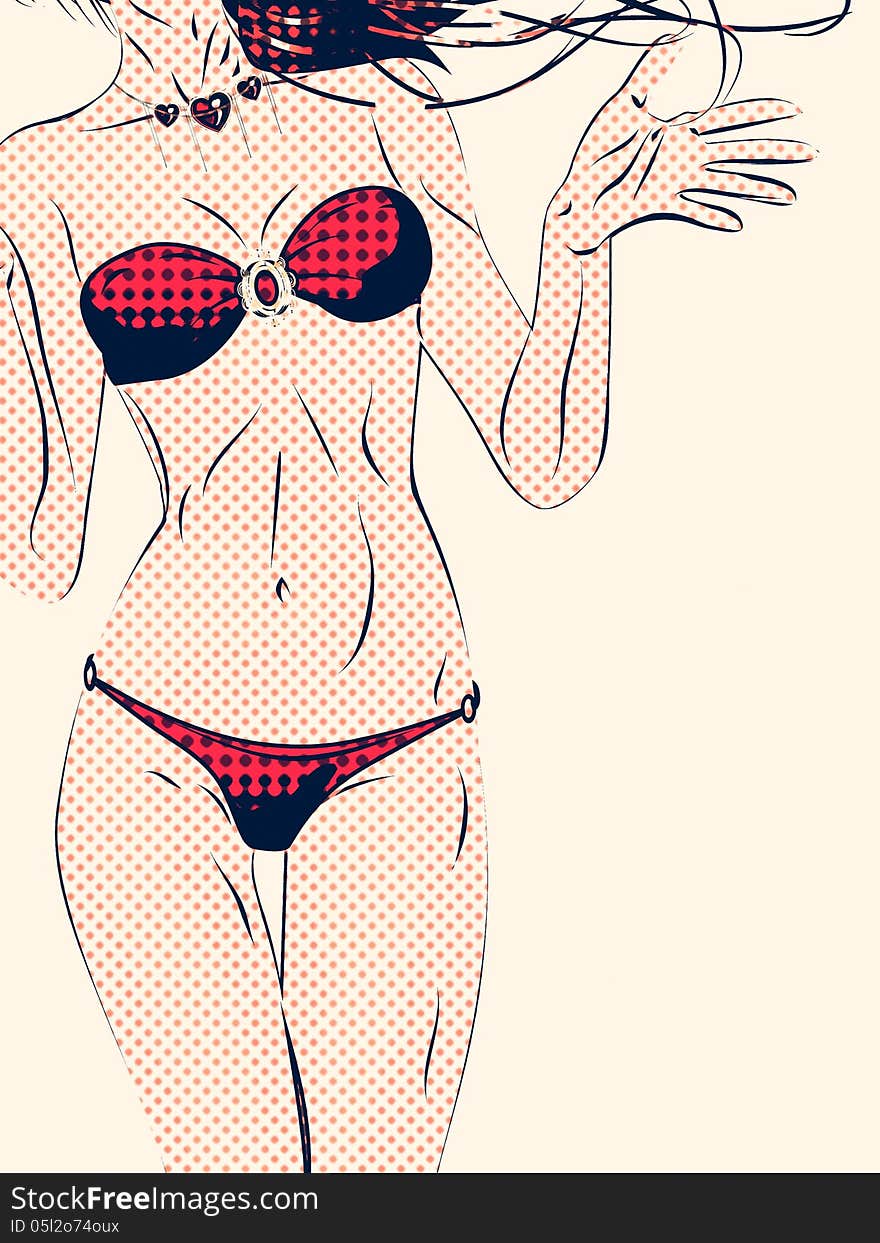 Background of a girl in red bikini, retro halftone effect. Background of a girl in red bikini, retro halftone effect.