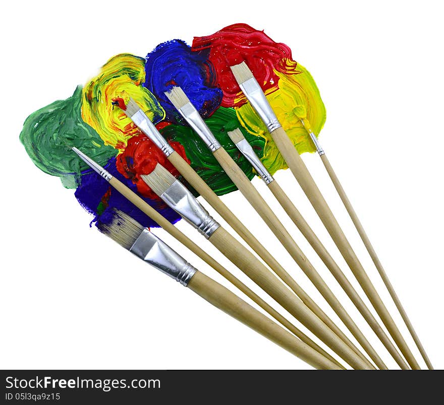 Eight used brushes with pant colorful mix isolated. Eight used brushes with pant colorful mix isolated