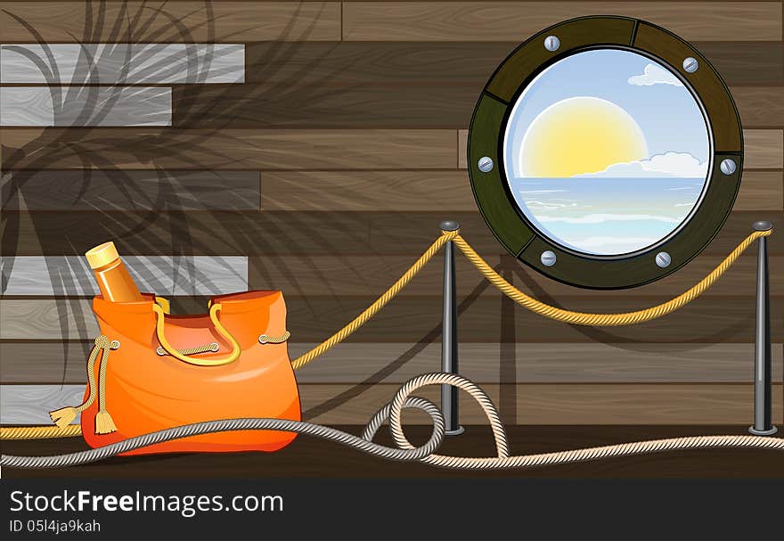 Summer vacation tourism background with sailboat elements and bag