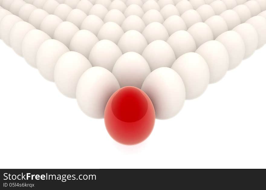 Many eggs lined up in rows with spetial red one