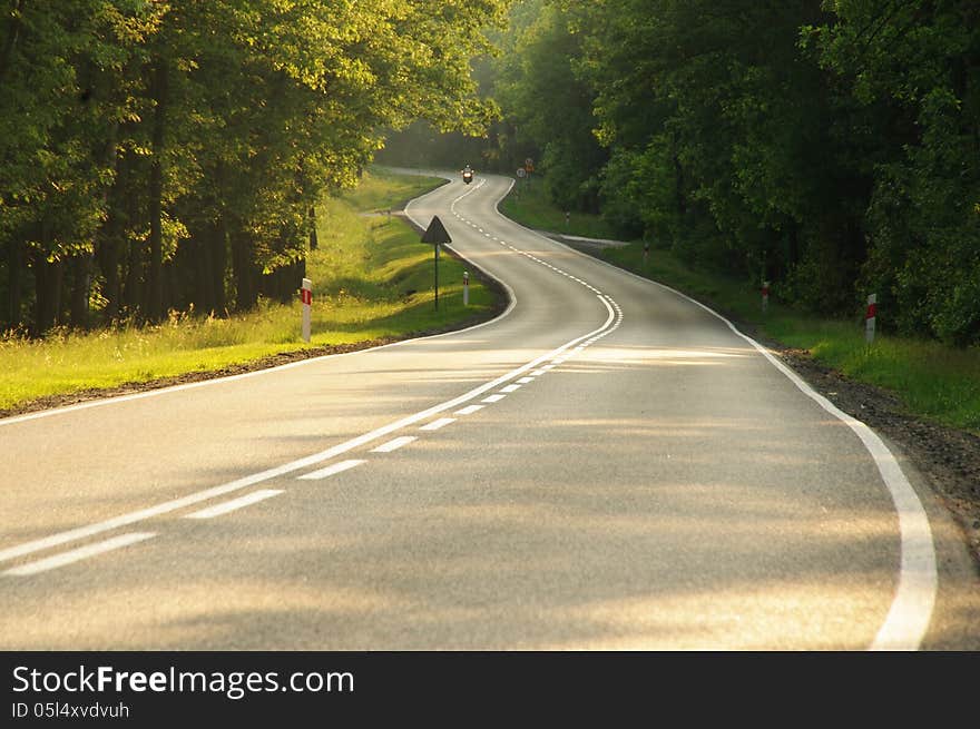 The photograph shows an asphalt road running through the woods. The road climbs the slight rise. The photograph shows an asphalt road running through the woods. The road climbs the slight rise.