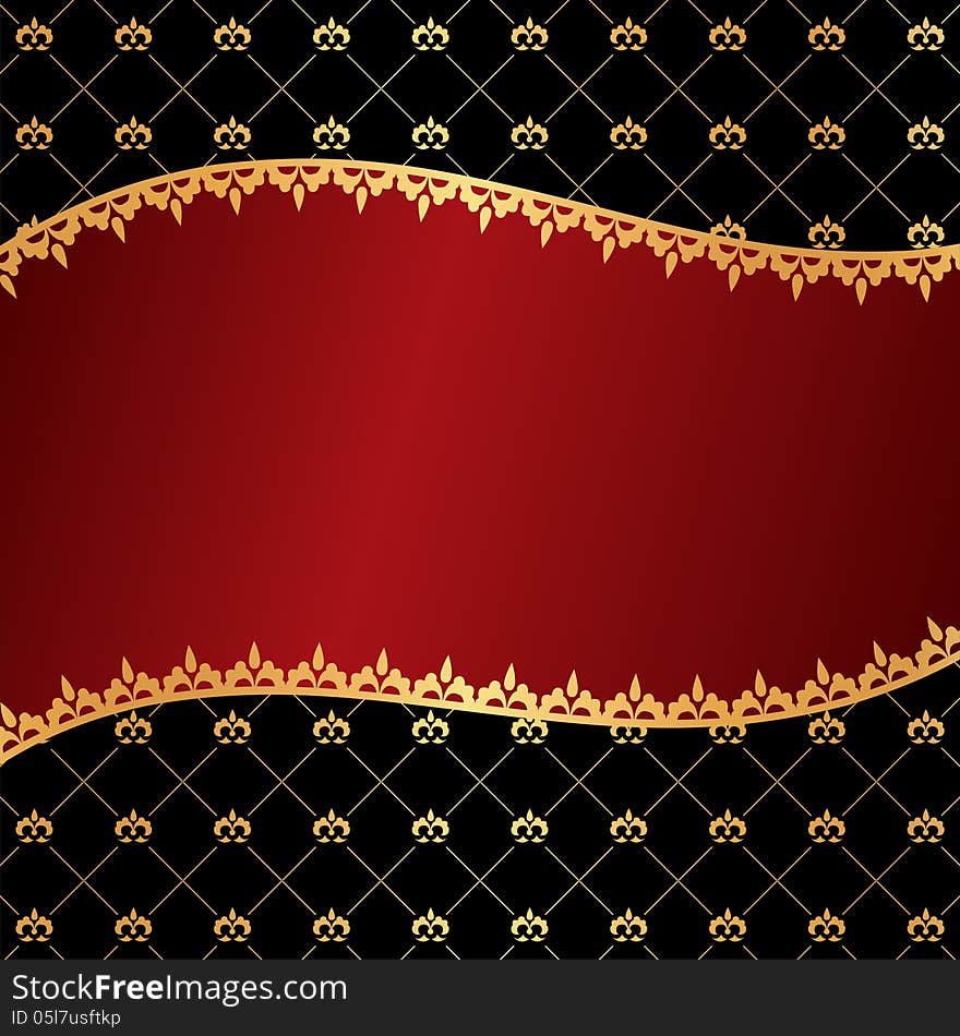 Vintage red background with wave frame of golden elements and da