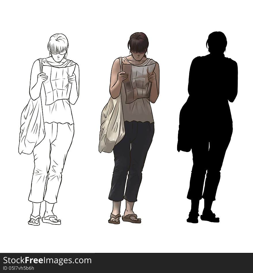 Illustration of female tourist looking on map in 3 styles:outline, painting and silhouette. Illustration of female tourist looking on map in 3 styles:outline, painting and silhouette.