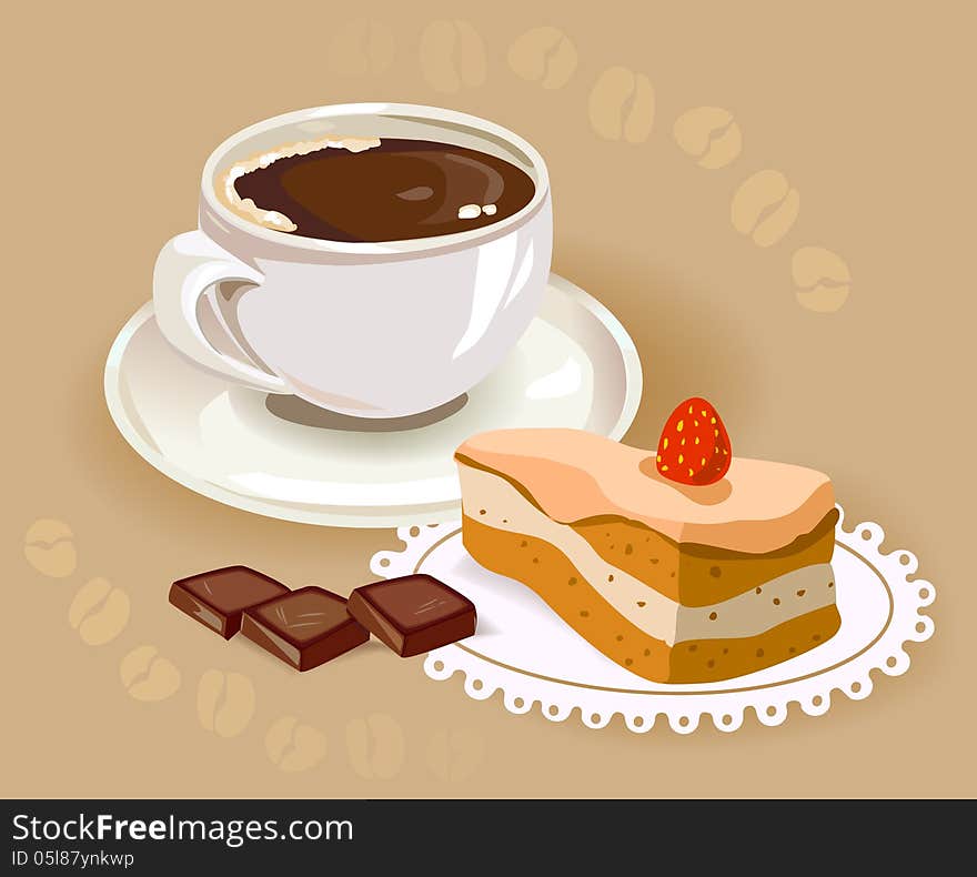 Still life with cup of coffee, a cake and chocolate. Vector illustration. Still life with cup of coffee, a cake and chocolate. Vector illustration