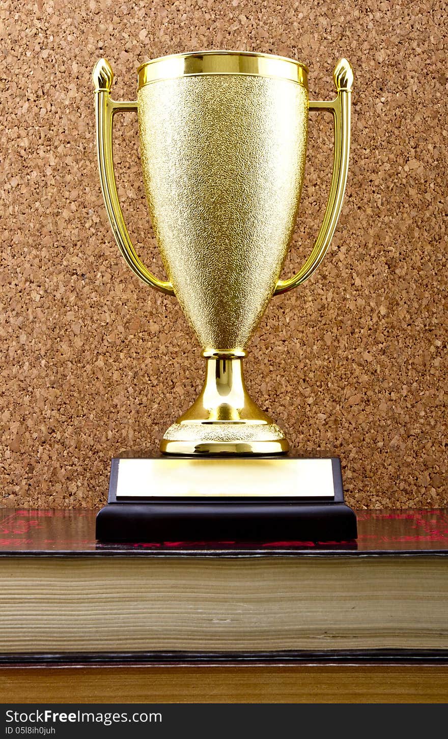 Golden trophy winner cup on stack of books against a cork board. Golden trophy winner cup on stack of books against a cork board.