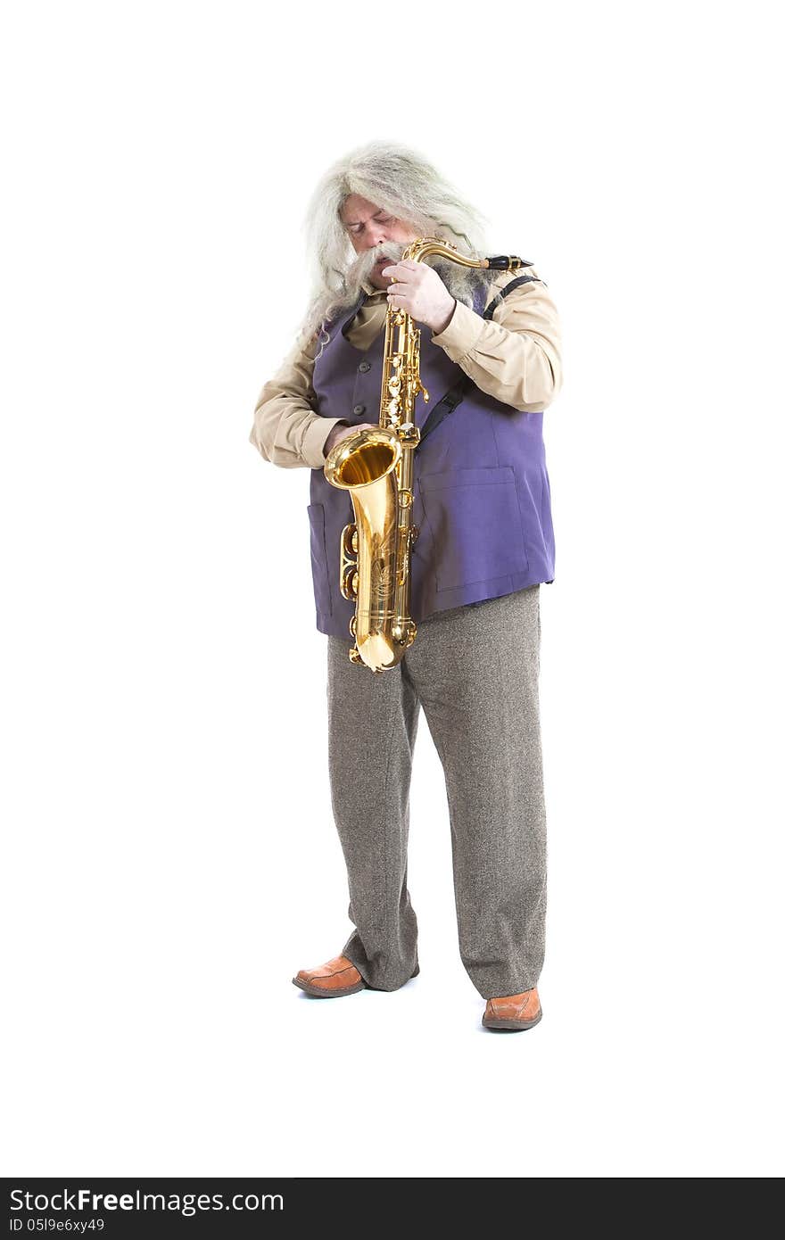 Old hippies saxophonist, carved on a white