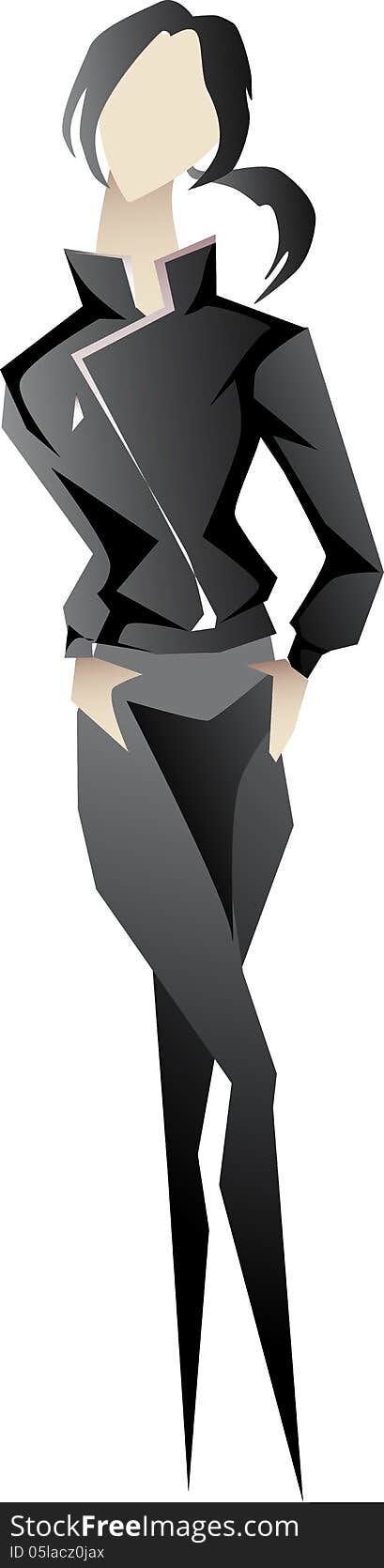 Vector Drawing A Girl In Black Leather Suit