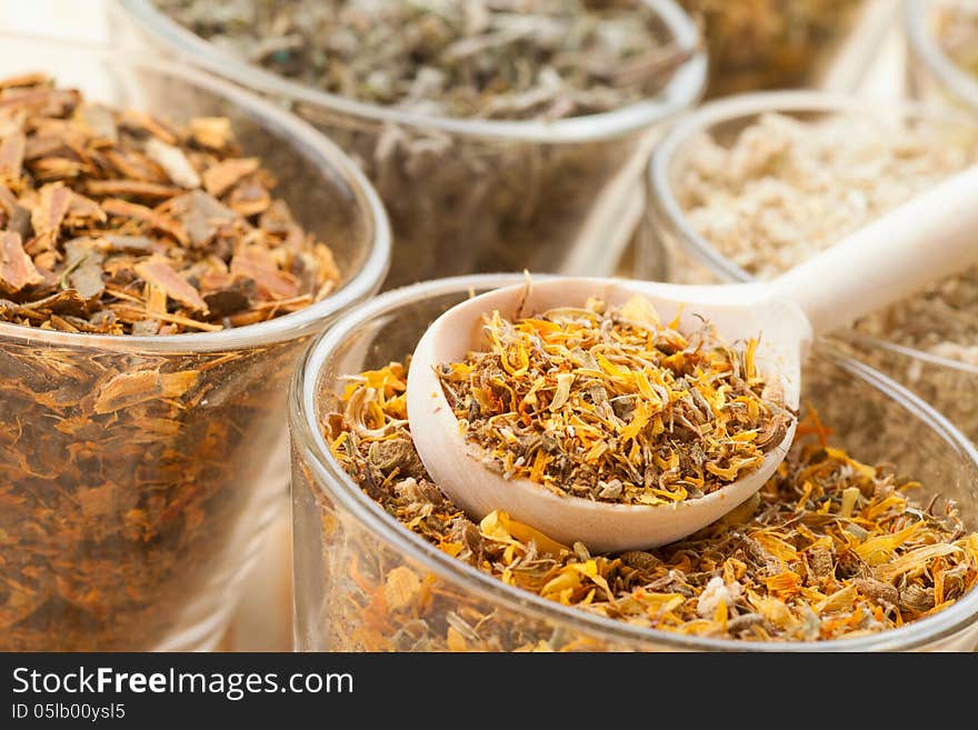 Healing herbs in glass cups and wooden spoon