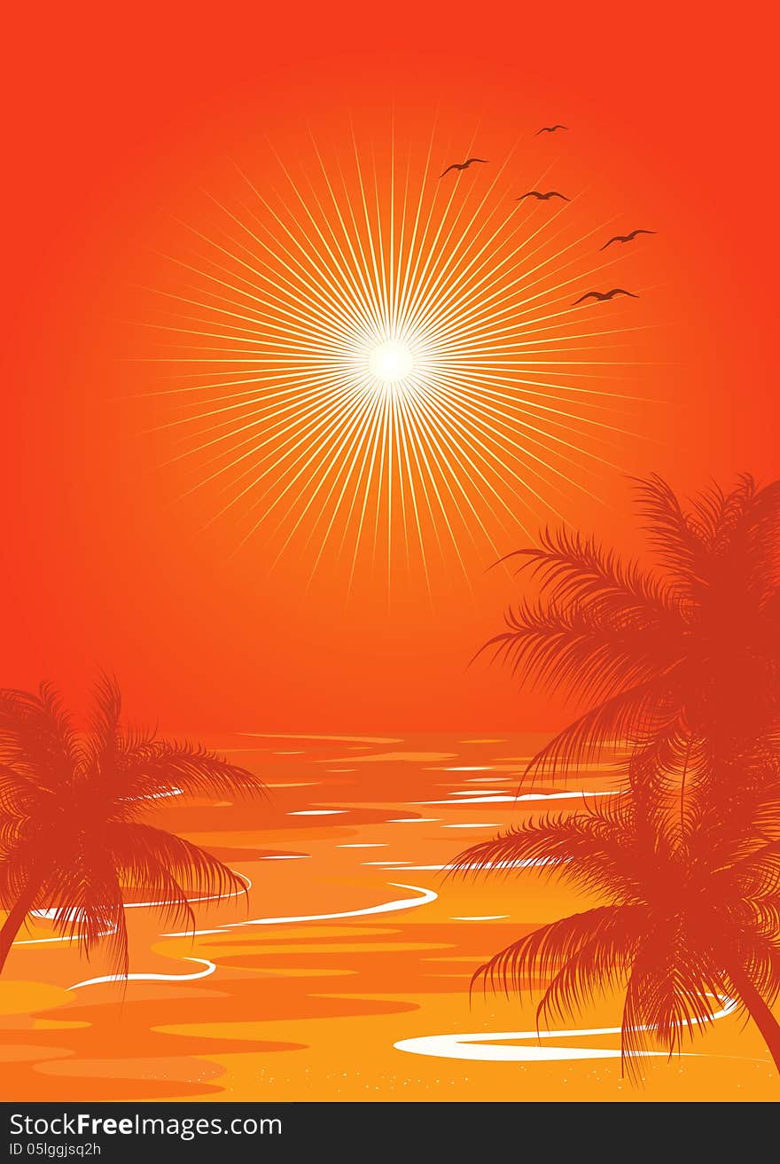 Orange summer. orange background with the sun, palms and the sea.