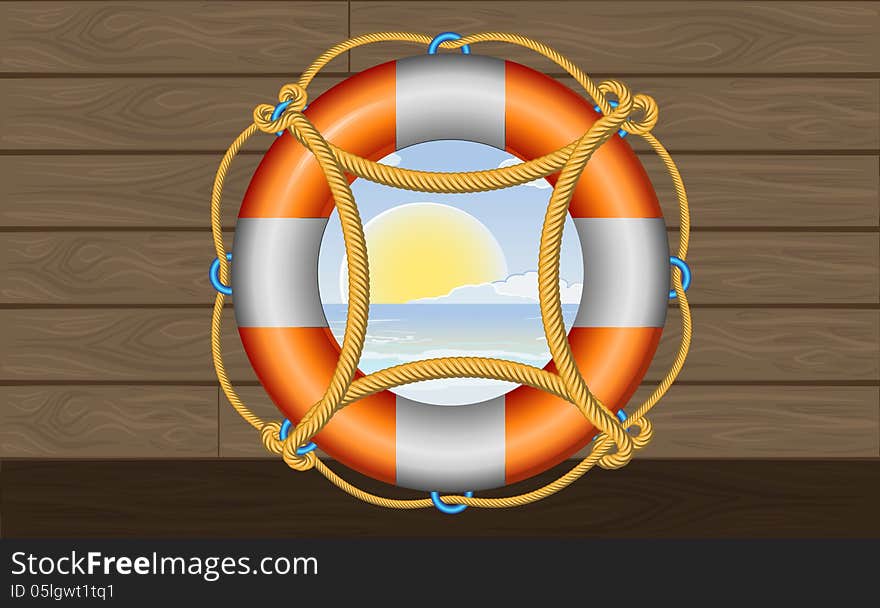 Orange lifebuoy with stripes and rope on the deck.Vacation background.