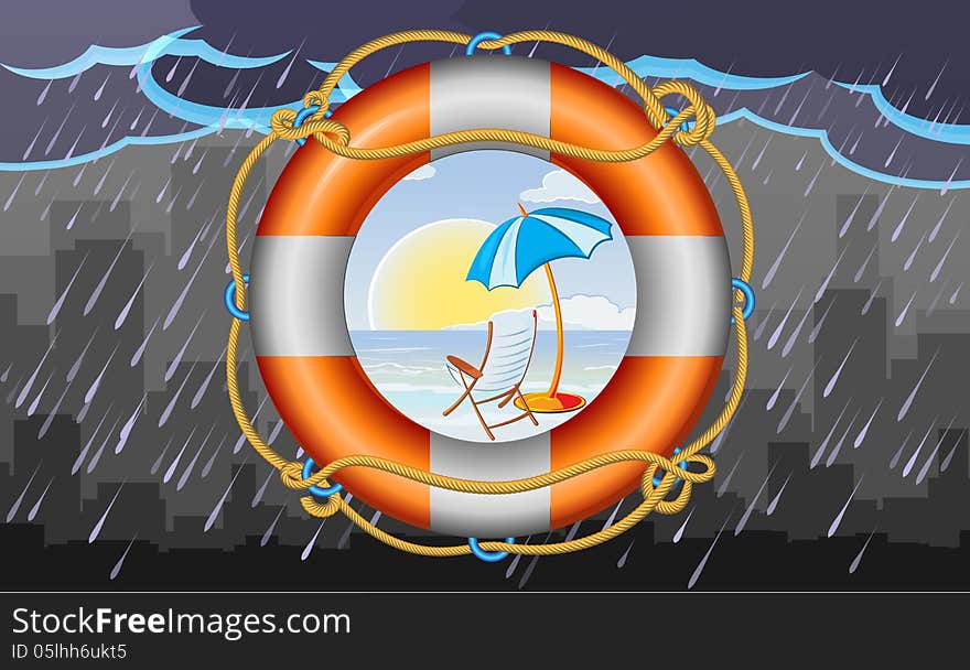 Orange lifebuoy with stripes and rope as vacation symbol and town on background