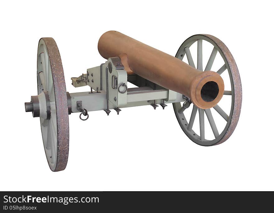 Old ceremonial muzzle-loading field cannon with a bronze barrel and a two-wheel carriage. Isolated on white. Old ceremonial muzzle-loading field cannon with a bronze barrel and a two-wheel carriage. Isolated on white.