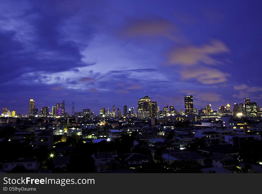 Aerial View Of Bangkok City Skyline At Night. Thailand.