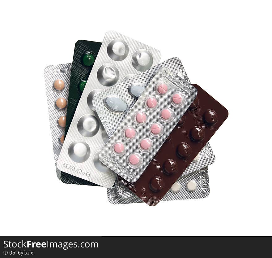 Pile of pills package isolated on white background