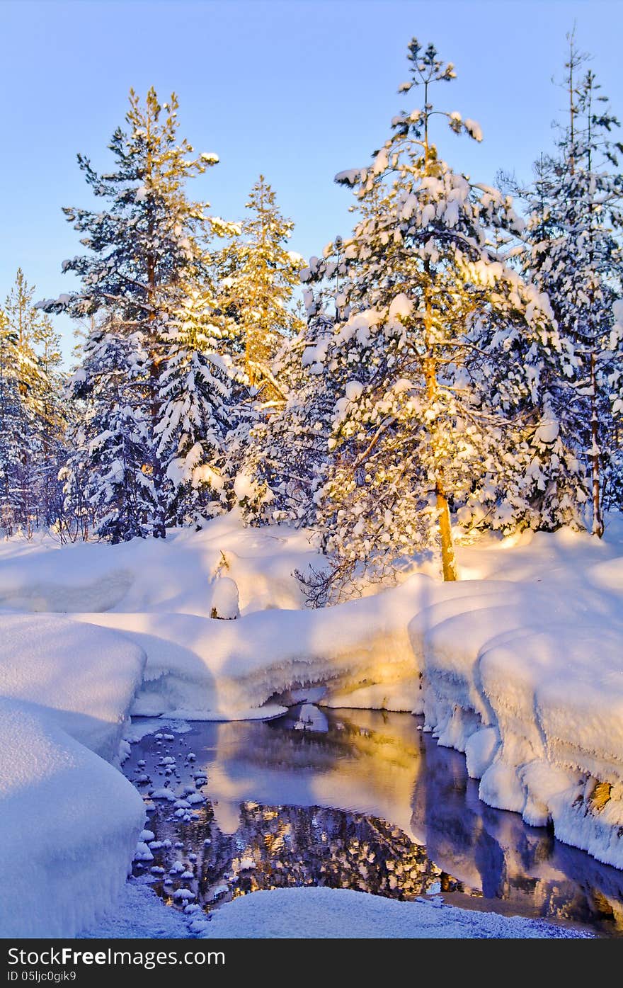 Winter in Finland, Karelia, morning sun. Winter in Finland, Karelia, morning sun.