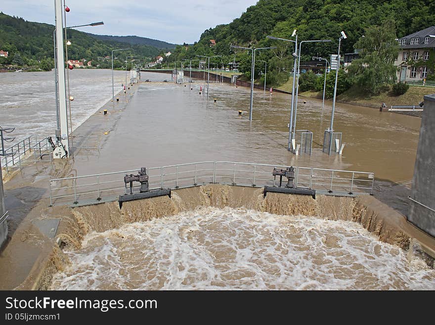 Overflooded watergate or lock in Heidelberg