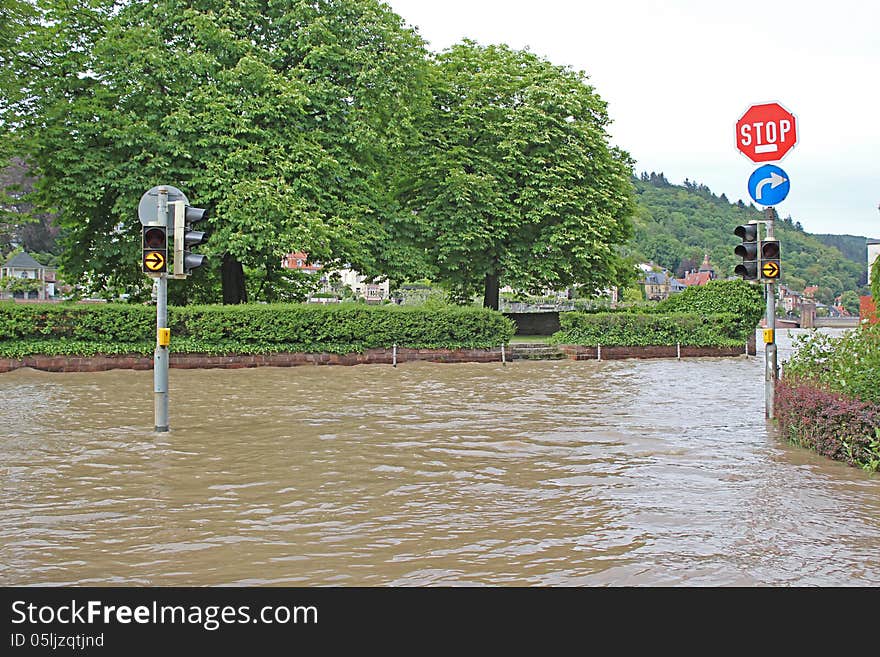 Overflooded street in in Heidelberg. Overflooded street in in Heidelberg