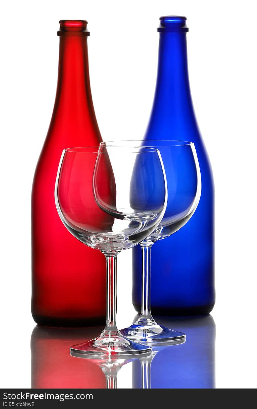 Color wine bottles and wine glasses