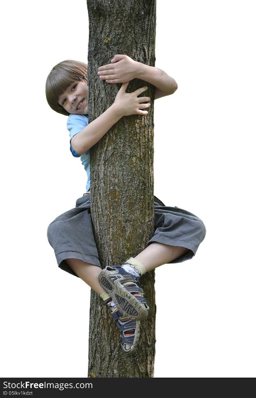 The boy threw his arms around a tree trunk and legs hanging on him and smiling. The boy threw his arms around a tree trunk and legs hanging on him and smiling.