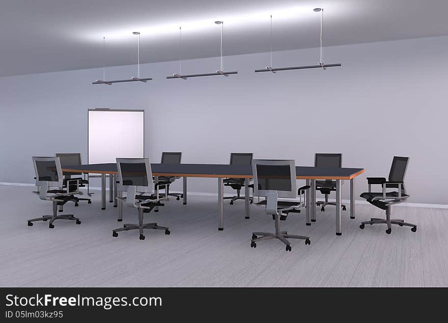 An empty meeting room and conference table. An empty meeting room and conference table