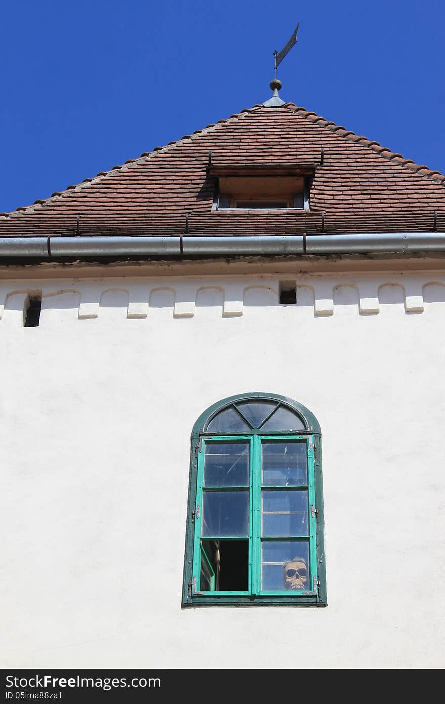 Old window with a skull placed in glass. Old window with a skull placed in glass