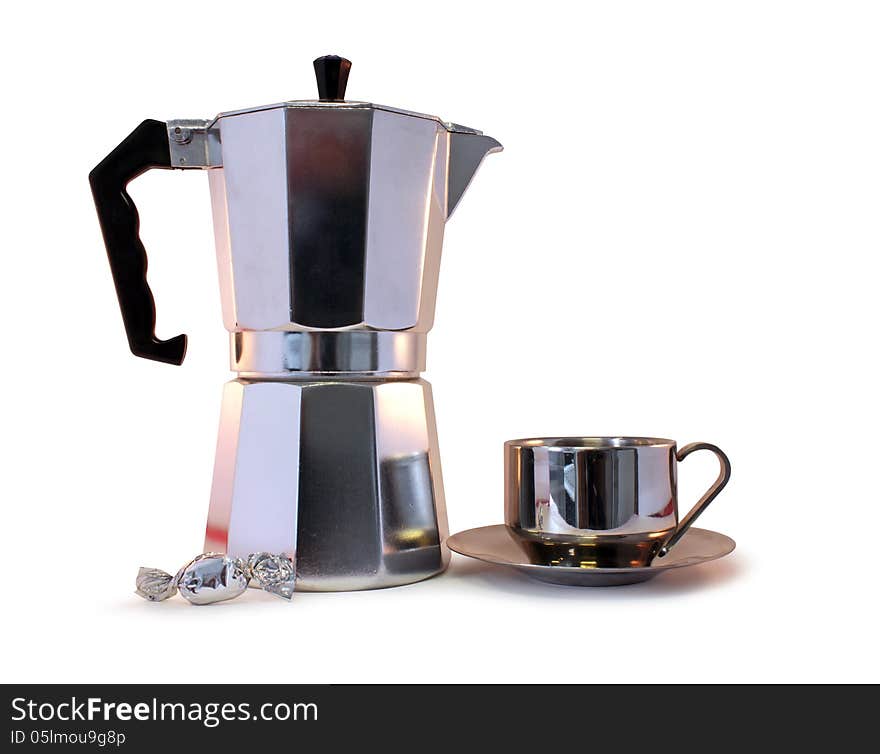 Coffee pot with a cup of espresso coffee against white background. Coffee pot with a cup of espresso coffee against white background.